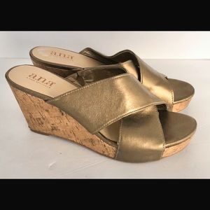 a.n.a. peep toe gold crisscross wedge sandals.